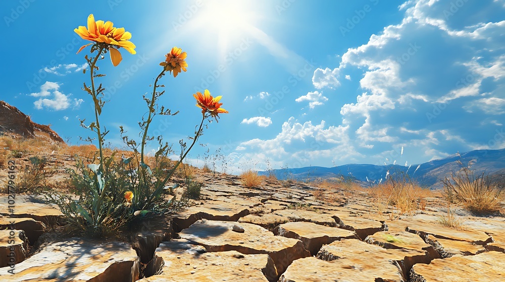 Dry, cracked earth with light tan grasses under a bright blue sky and ...