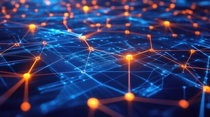 Poster - digital abstraction of interconnected technology nodes and glowing pathways