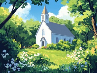 a serene illustration of a modern white church nestled among verdant trees and blooming bushes, exuding tranquility and spiritual peace