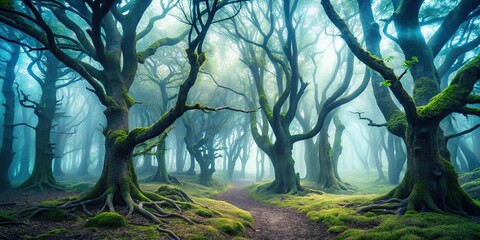 Wall Mural - enchanting misty woodland with curved trees in distance