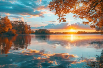 Poster - As the sun sets over the calm lake, autumn colors burst in the sky, creating a stunning reflection on the water's surface. Generative AI