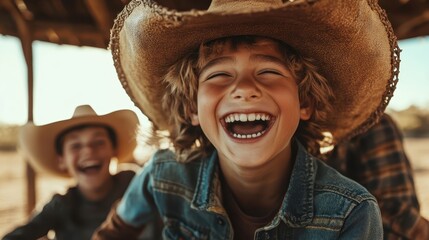 A young child sporting a cowboy hat is laughing heartily, embodying joy and playfulness under a wooden structure on a bright, sunny day.