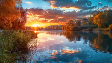 Canvas Print - As the sun sets, the sky bursts with warm colors, illuminating the tranquil waters and surrounding trees in a picturesque autumn setting. Generative AI