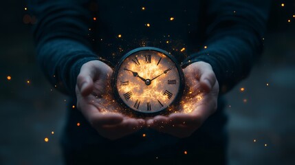 Poster - Magical close-up of hands holding a glowing clock with sparks, symbolizing New Year's countdown. Ideal for Christmas and New Year celebrations.