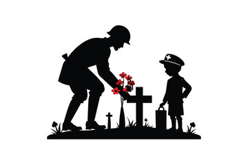 A soldier and a child placing flowers on a grave B.eps