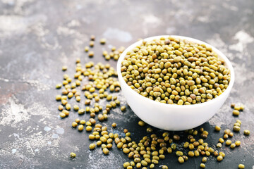 Soy beans with bowl on grey background