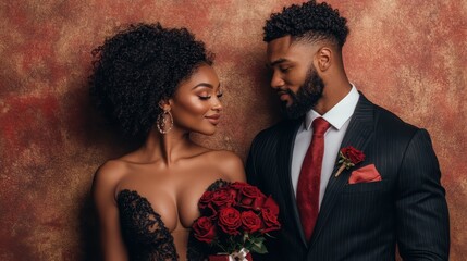 a beautiful couple dressed elegantly, standing closely together while holding a bouquet of roses aga