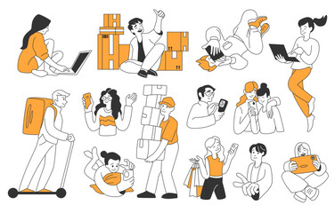 Poster - Online shopping banner. Business woman or man with phone, sale technology, promotion marketing isolated illustration set. Customers with smartphone, courier on scooter. Vector design elements