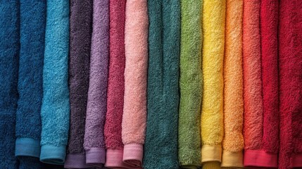 Aufkleber - A vibrant display of neatly arranged colorful towels showcases a rainbow spectrum, each folded perfectly to create a visually striking and artistic presentation.
