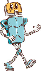 Poster - Retro robot, cartoon groovy character or alien robotic bot, vector bionic android machine. Funky groovy retro robot or cartoon cyborg droid with funny smile and mechanical arms walking in good vibe