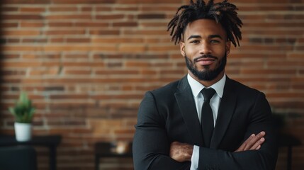 A confident man in a suit with arms folded, exuding professionalism and charisma against a brick wall background. His expression portrays assurance and determination.