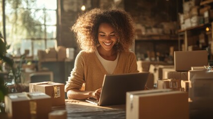 A woman in a cozy sweater smiles while working on a laptop, surrounded by boxes, depicting a blend of technology and manual work in a bright setting.