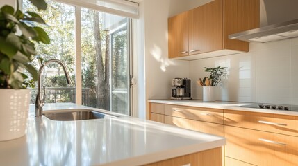 A sleek, modern kitchen features wooden cabinets, a white countertop, and large windows that allow natural sunlight to brighten the space, creating a serene atmosphere.