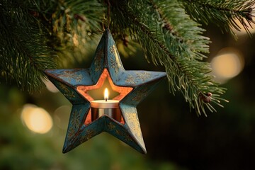 Wall Mural - ceramic christmas star lantern with a burning tealight candle is hanging on a christmas tree branch
