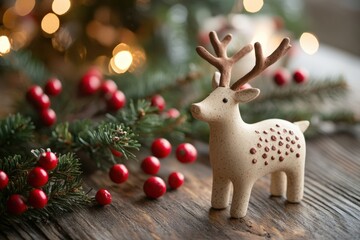 Wall Mural - Ceramic reindeer figurine standing on a rustic wooden surface near evergreen branches and red berries with christmas lights in background