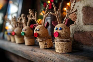 Wall Mural - adorable reindeer ornaments made with corks are lined up on a wooden shelf in front of a fireplace