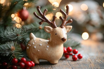 Wall Mural - small ceramic reindeer figurine is standing on a wooden surface next to a christmas tree and red ber