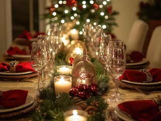 elegant christmas table set for a festive gathering, adorned with sparkling decorations, candles, and seasonal centerpieces, capturing the warmth and joy of holiday celebrations