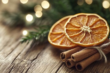 Wall Mural - diy handmade christmas decoration is laying on a rustic wooden table with warm lights in the backgro
