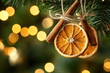 Wall Mural - diy handmade christmas decoration made of dried orange slices and cinnamon sticks hanging on a chris