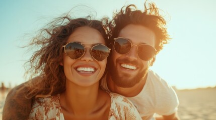 A couple, clad in stylish sunglasses, beams with joy while enjoying sunshine on a beach, reflecting happiness, companionship, and a zest for life outdoors.