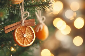 Wall Mural - christmas tree decorated with eco-friendly ornaments made of dry orange slices and cinnamon sticks, 