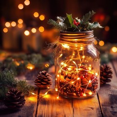 Wall Mural - festive diy christmas lantern is glowing on a rustic wooden table with pine branches, cinnamon stick