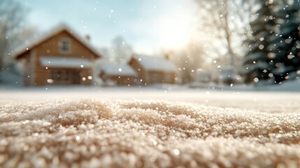 A warm sunlight bathes the snowy scene of cozy cottages, with delicate snowflakes drifting down and a serene atmosphere, perfect for a winter retreat vibe.