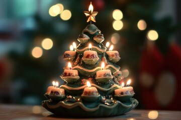 Wall Mural - ceramic christmas tree candleholder with lit advent candles is creating a warm atmosphere for the ho