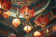 © Людмила Мазур - Three red lanterns with Chinese characters are hanging from the ceiling. The lanterns are of different sizes and are positioned at various heights