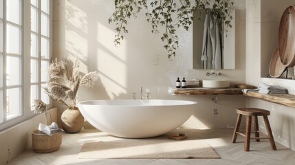 Bathroom interior with white bathtub, round mirror, wooden shelf with towels, pampas grass and wooden stool.