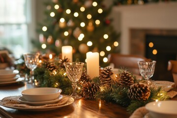 Wall Mural - Festive dining table decorated with pine cones, candles, and string lights for a cozy christmas dinner