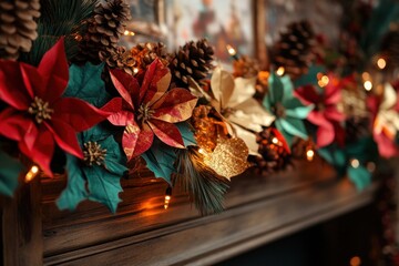 Wall Mural - christmas garland with golden and red paper flowers, pine cones and fairy lights decorating a wooden