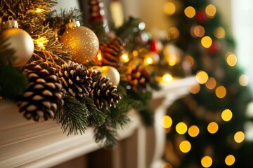 Wall Mural - fireplace decorated for christmas with pine cones, garland and string lights