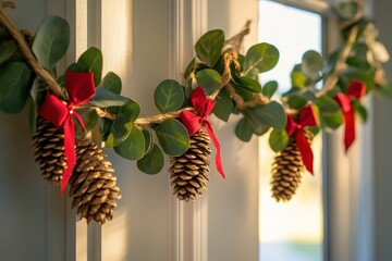Wall Mural - christmas garland made of eucalyptus branches, red ribbons and golden pine cones hanging on a white 