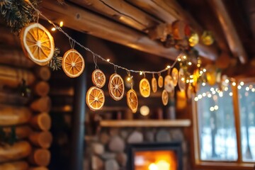 Wall Mural - festive garland of dried oranges and twinkling lights is adding a touch of handmade charm to this in
