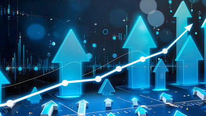 Blue and light blue background with business growth chart, arrows and lines symbolizing success and development. Ideal for financial reports, presentations and corporate materials