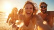 © JoxyAimages - A joyful group of friends laughing and splashing in the ocean water, captured during a beautiful sunset at the beach, showcasing their infectious happiness and youthful energy.