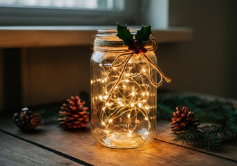 Wall Mural - decorated glass jar with christmas lights inside, creating a warm and festive atmosphere