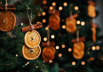 Wall Mural - beautiful christmas tree decorated with diy ornaments made from dried orange slices and cinnamon sti
