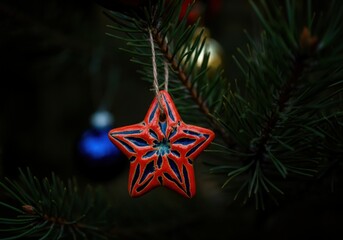 Wall Mural - red ceramic star with blue details hanging on a natural christmas tree branch