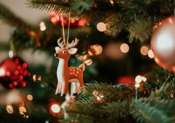 Wall Mural - charming handmade reindeer ornament adds a touch of whimsy to a beautifully decorated christmas tree