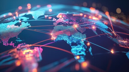 Poster - High-tech global network with bright, animated lines connecting different regions on a 3D world map