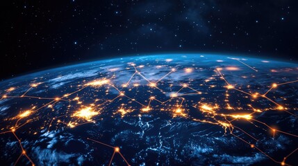 Poster - High-tech representation of global networking with illuminated lines and data points mapping a digital world