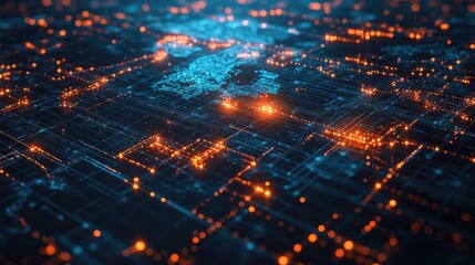 Poster - High-tech representation of global networking with illuminated lines and data points mapping a digital world