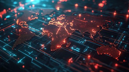 Poster - high-tech visualization of global connections with bright network nodes and lines spanning a 3d worl