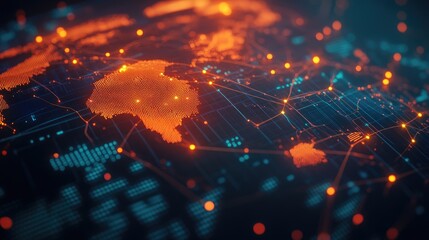 Poster - high-tech visualization of global connections with bright network nodes and lines spanning a 3d worl