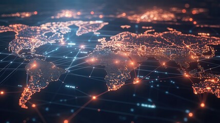 Poster - high-tech visualization of global connections with bright network nodes and lines spanning a 3d worl