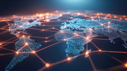 Poster - high-tech visualization of global connections with bright network nodes and lines spanning a 3d worl