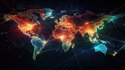 Poster - high-tech visualization of global connections with vibrant, animated lines and nodes forming a detai
